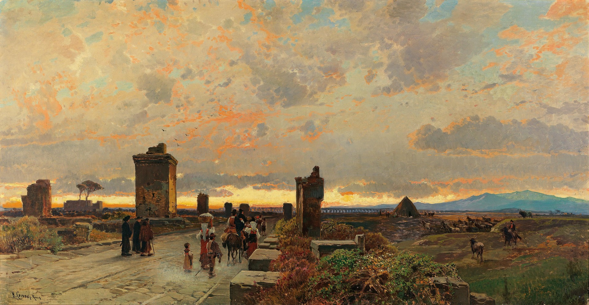 Via Appia Antica in Der Nähe Von Terracina, Signiert, Bezeichnet H. Corrodi Roma, Öl Auf Leinwand, 86,5 X 165 Cm - by Hermann David Salomon Corrodi