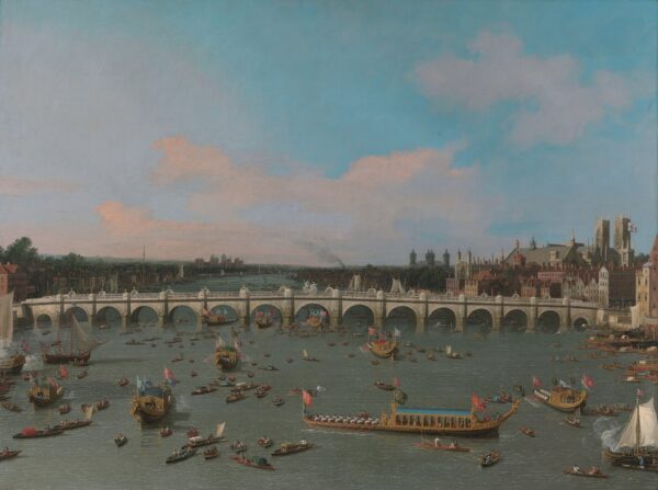 Westminster Bridge, with the Lord Mayor's Procession on the Thames - by Canaletto
