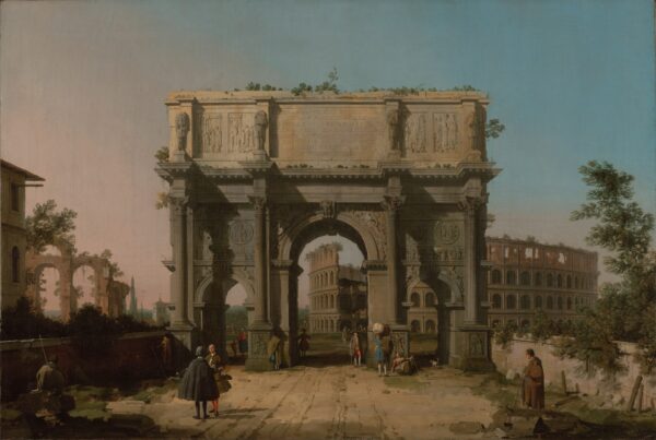 View of the Arch of Constantine with the Colosseum - by Canaletto