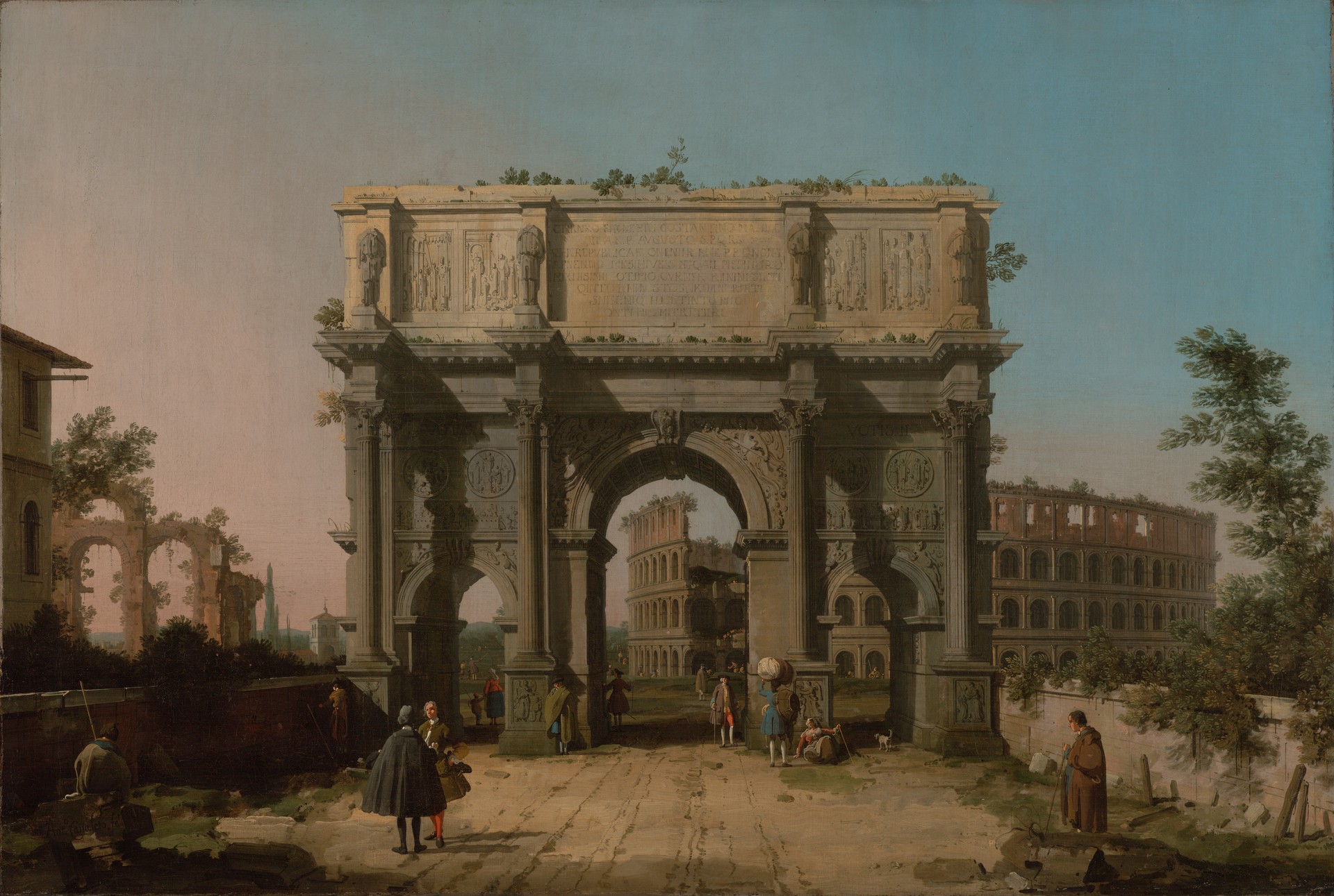 View of the Arch of Constantine with the Colosseum - by Canaletto