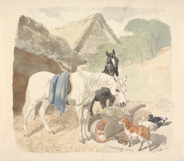 Two Horses Eating From a Wheel-Barrow Watched - by a Goat and Three Ducks - by John Frederick Herring Jr.