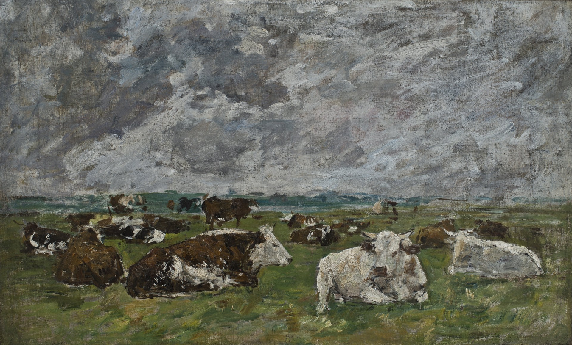 Troupeau de vaches sous un ciel orageux - by Eugène Boudin