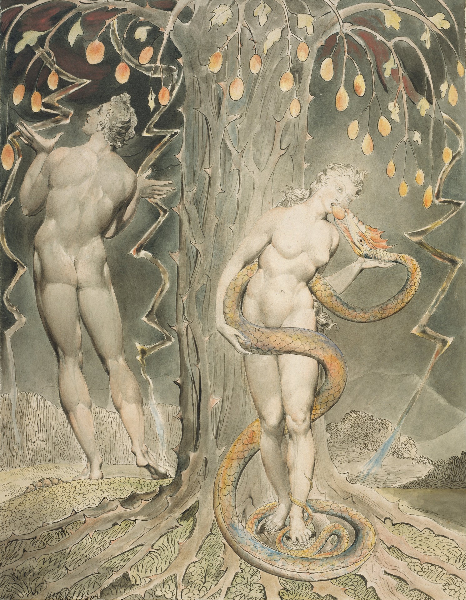 The Temptation and Fall of Eve (Illustration to Milton's "Paradise Lost") - by William Blake