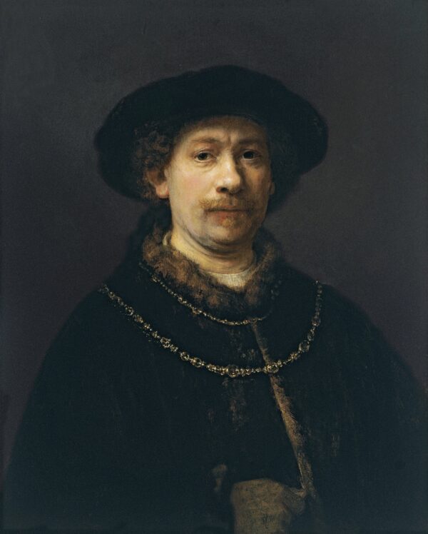 Self-portrait wearing a Hat and two Chains - by Rembrandt