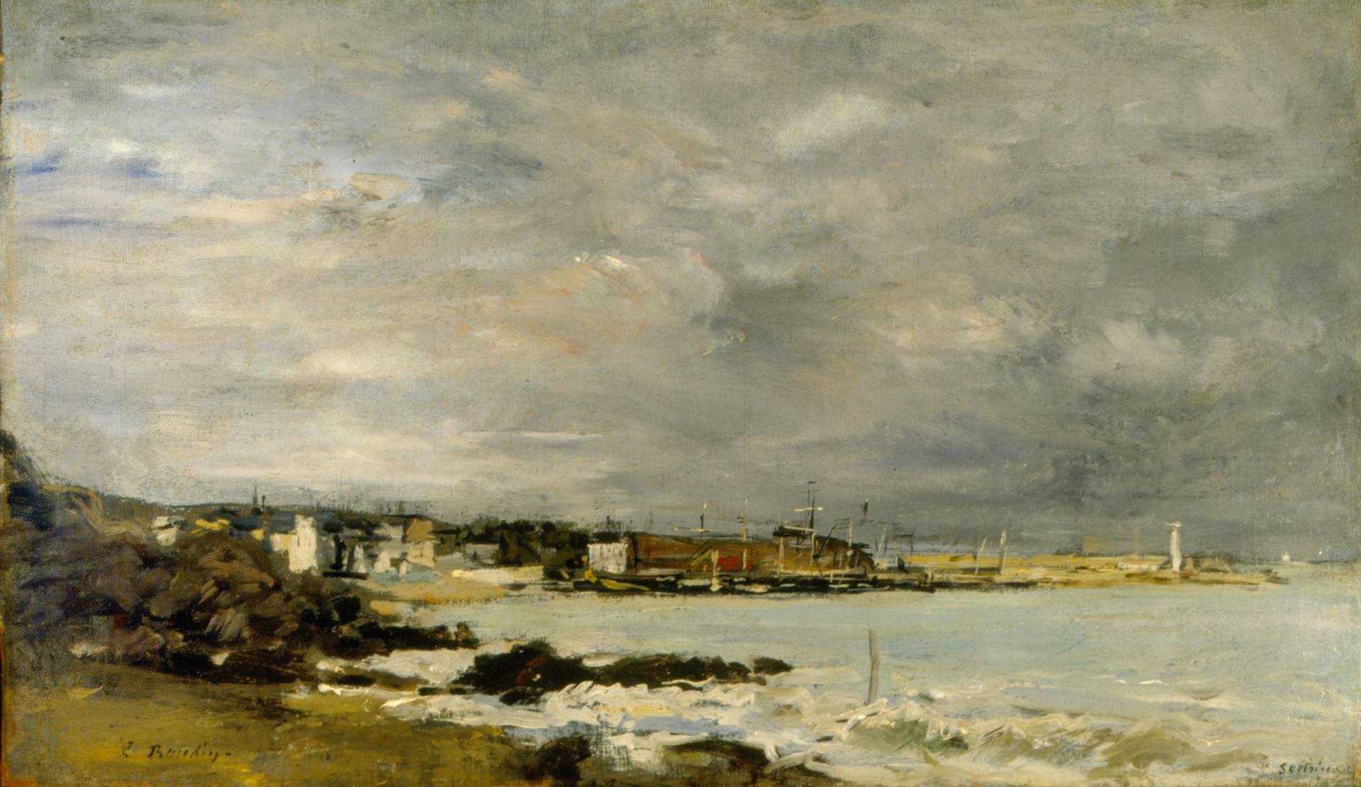 Scene of a beach and reefs - by Eugène Boudin