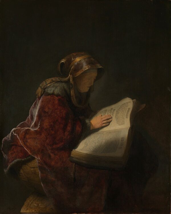 Oude lezende vrouw, waarschijnlijk de profetes Hanna - by Rembrandt
