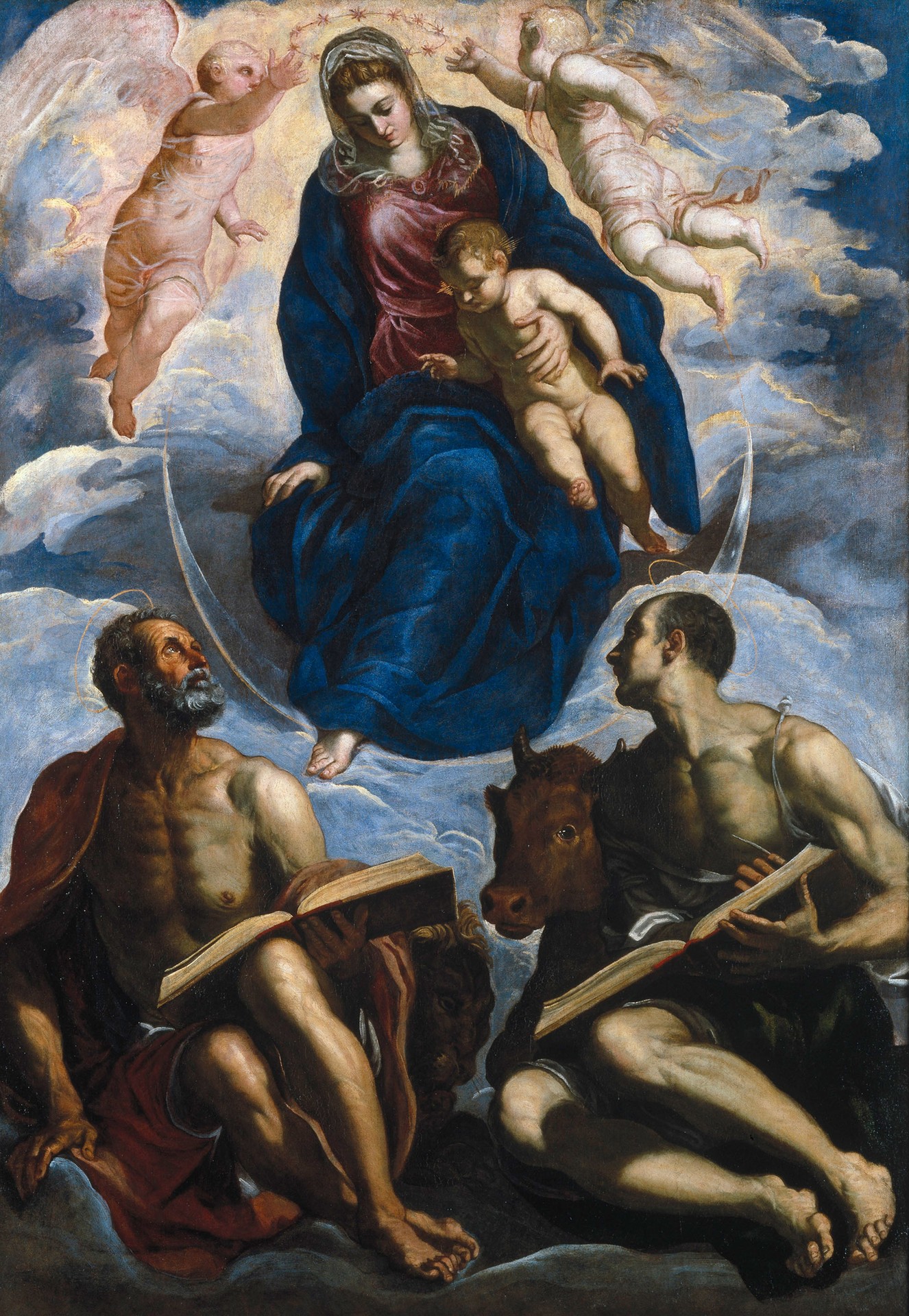 Mary with the Child, Venerated - by Two Evangelists - by Tintoretto