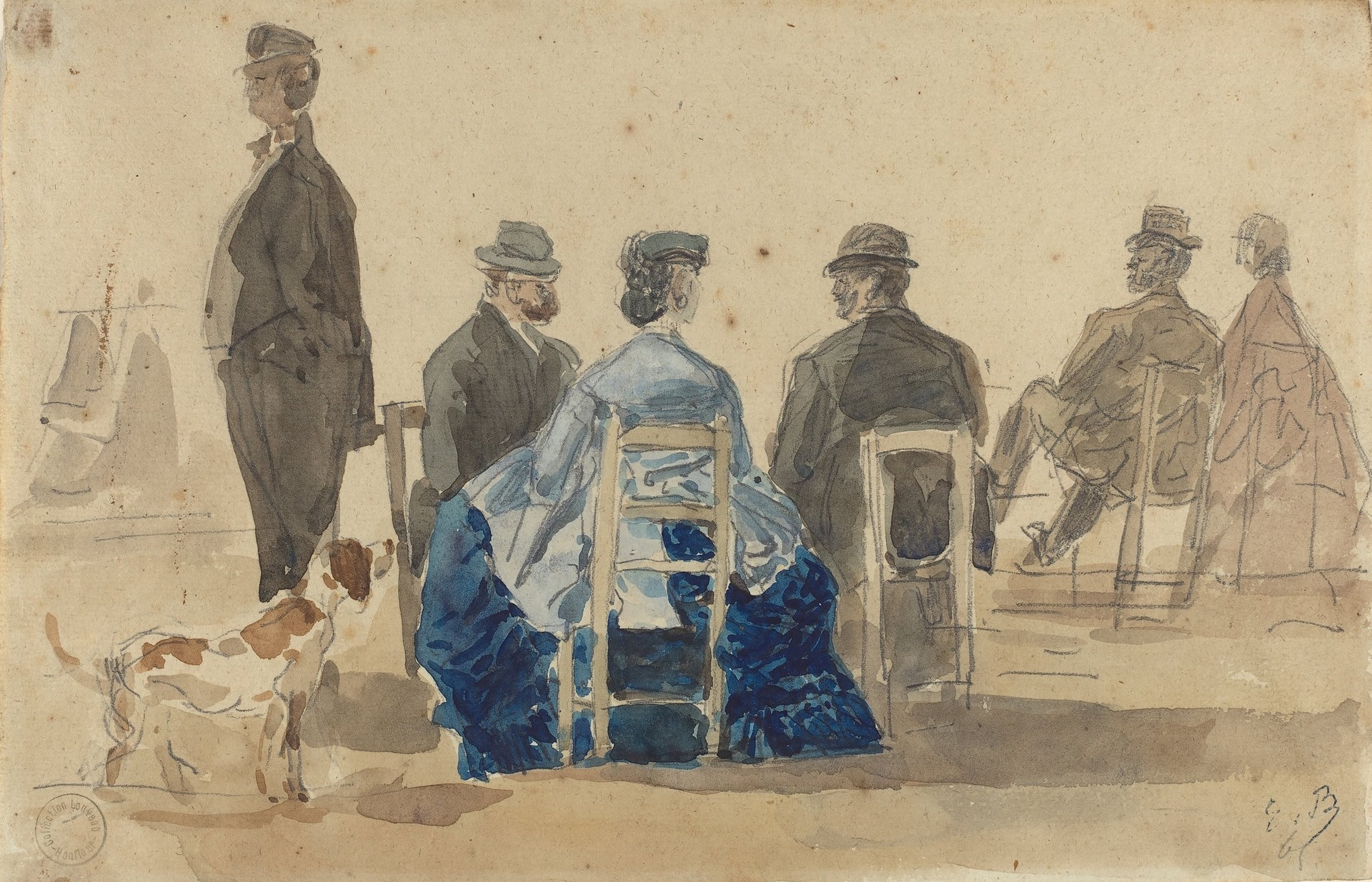 Ladies and Gentlemen Seated on the Beach with a Dog - by Eugène Boudin