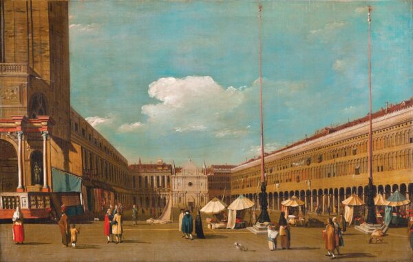 La Plaza de San Marcos, Venecia, vista hacia el oeste desde el sur de la línea central - by Canaletto