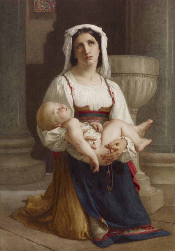 Italian Peasant Kneeling with Child - by William-Adolphe Bouguereau
