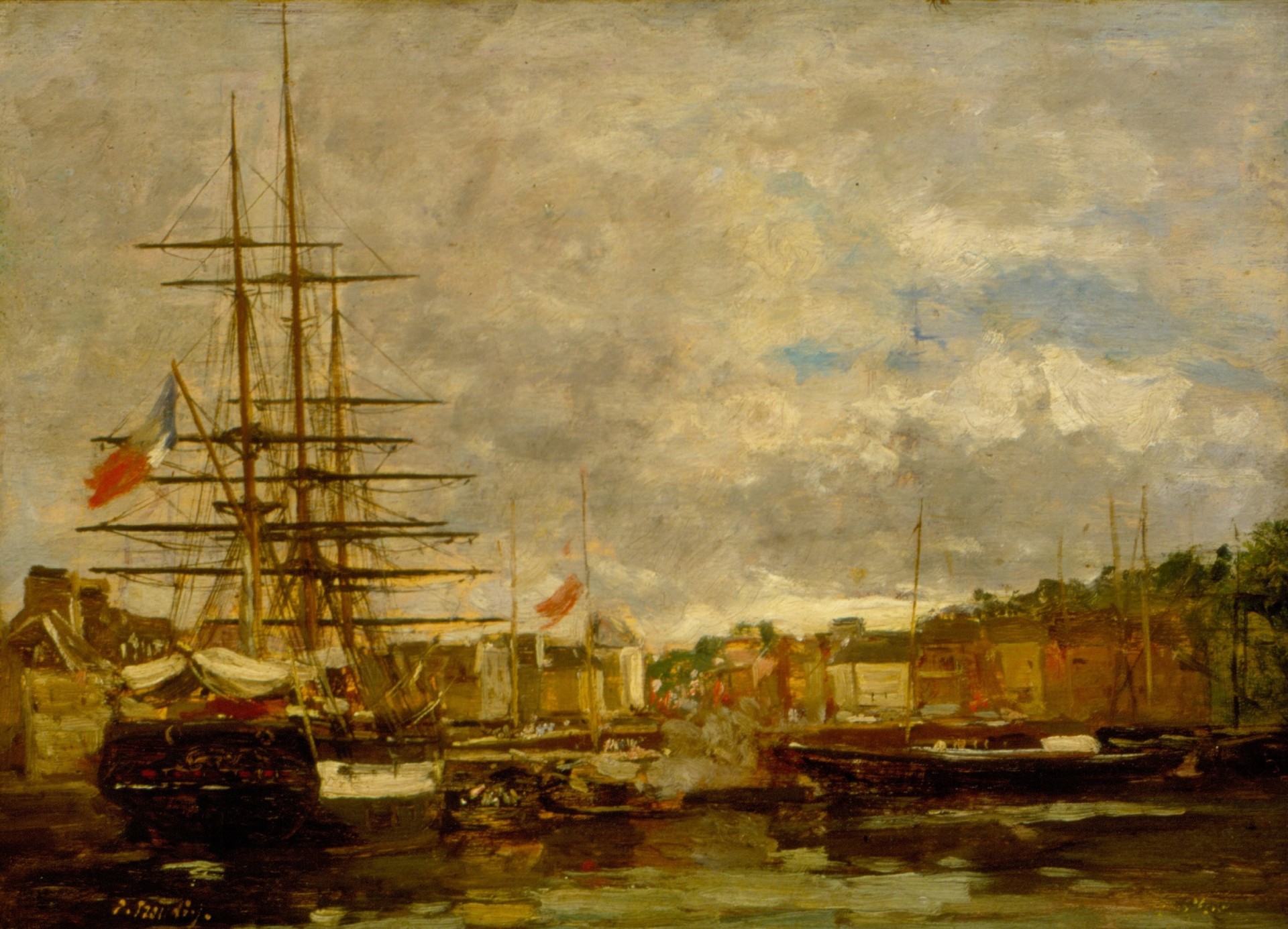 Honfleur. Ships docked in the port - by Eugène Boudin