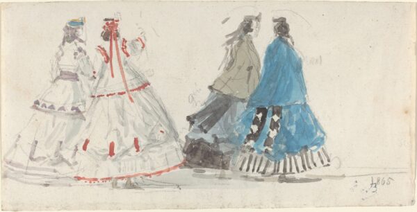 Four Ladies in Crinolines Walking at Trouville - by Eugène Boudin