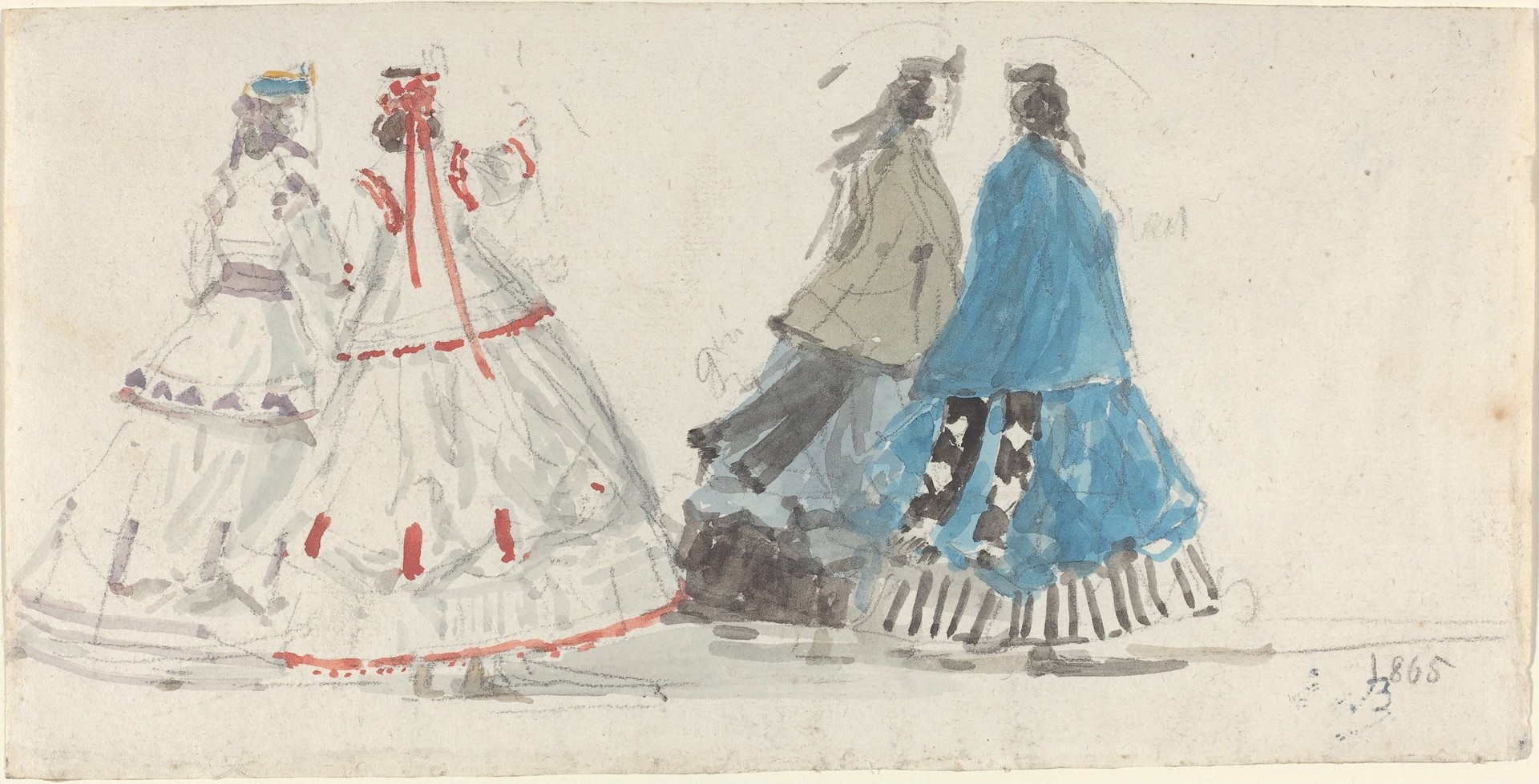Four Ladies in Crinolines Walking at Trouville - by Eugène Boudin