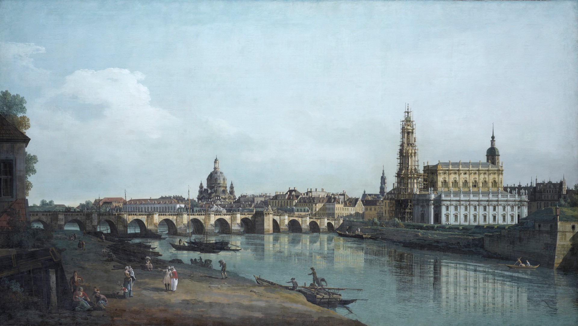 Dresden Seen from the Right Bank of the Elbe, Beneath the Augusts Bridge - by Canaletto