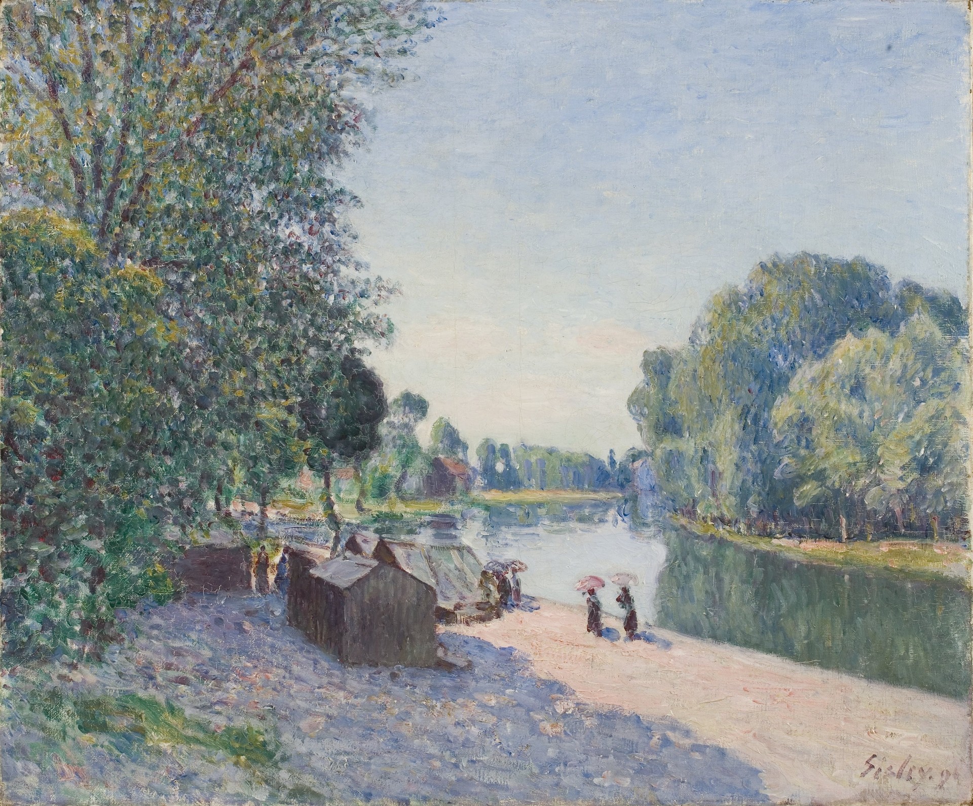 Cabanes au bord du Loing AKA Soleil du Matin - by Alfred Sisley