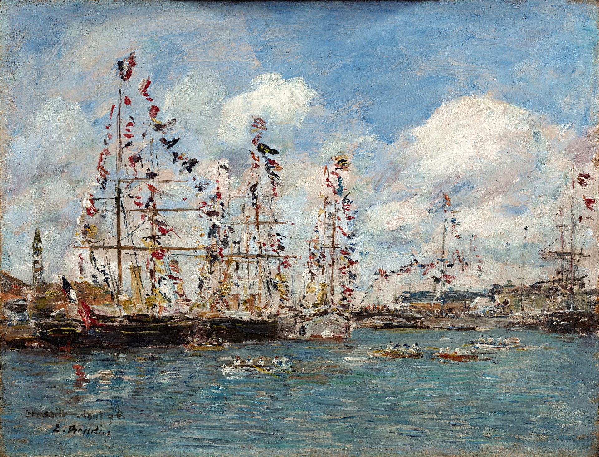 Boats Decorated with Flags in the Port of Deauville (Bateaux pavoisés dans le bassin, Deauville) - by Eugène Boudin