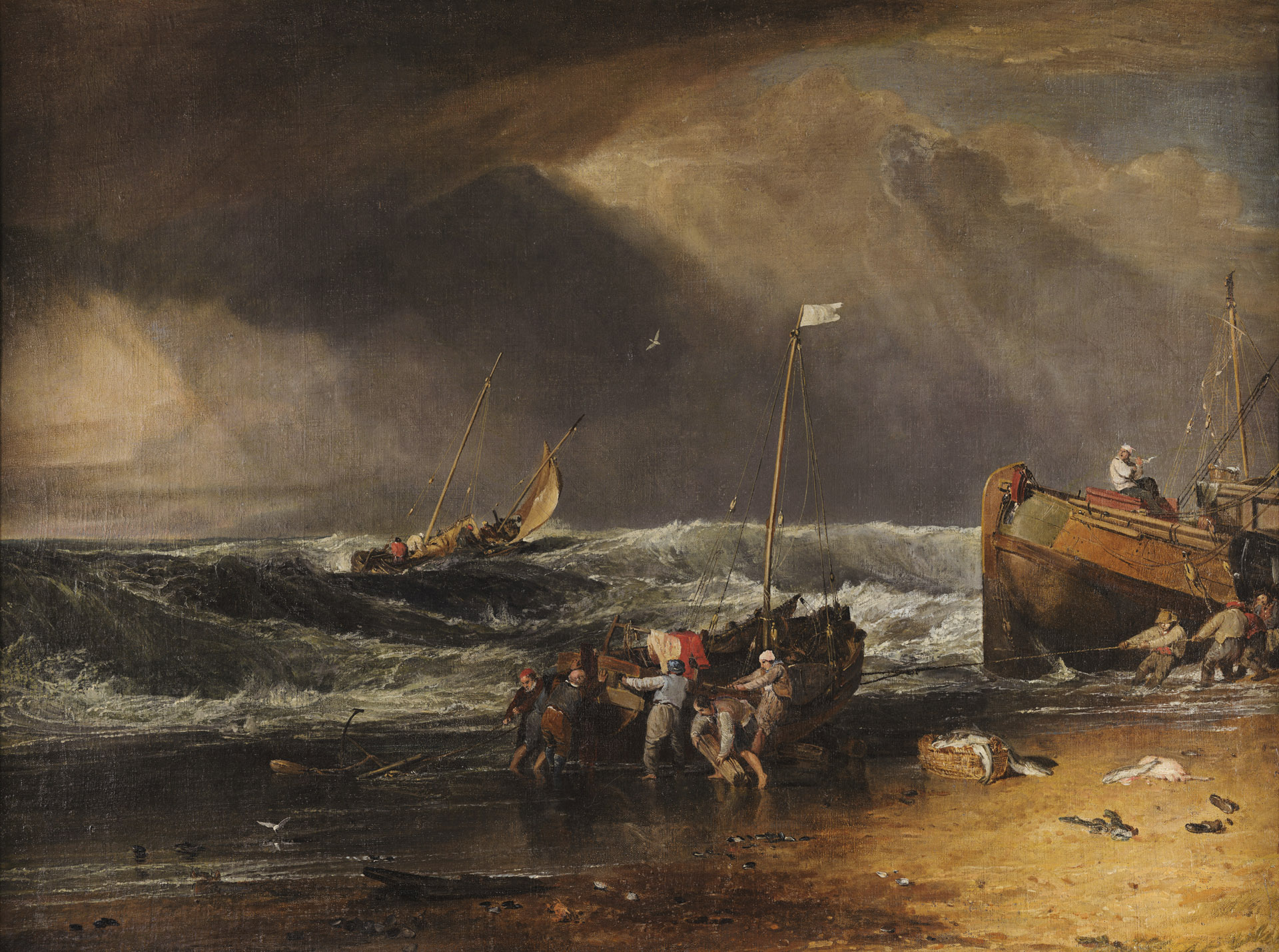 A Coast Scene with Fishermen Hauling a Boat Ashore - by J. M. W. Turner
