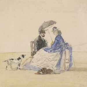 A Couple Seated on the Beach with Two Dogs - by Eugène Boudin