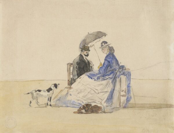 A Couple Seated on the Beach with Two Dogs - by Eugène Boudin