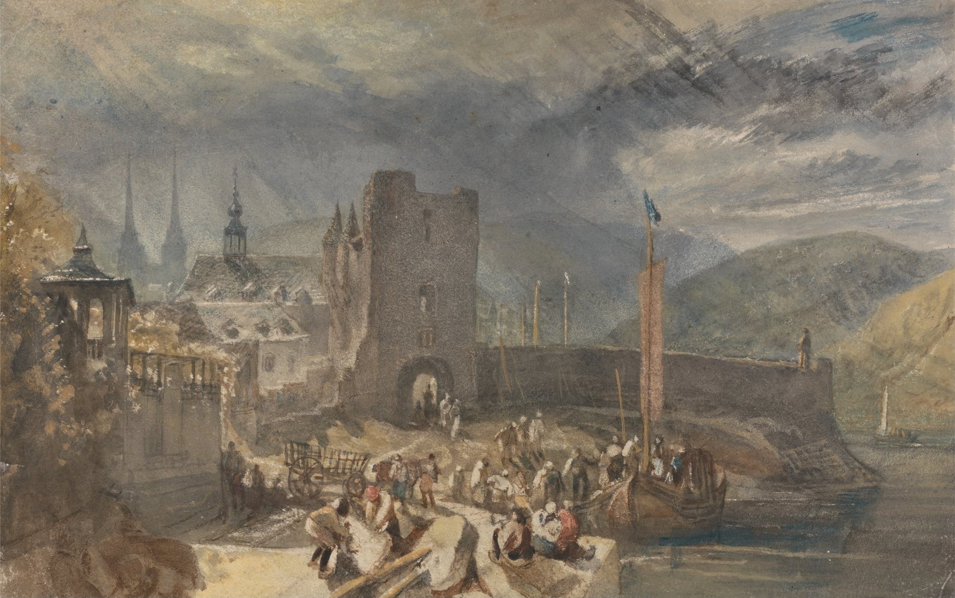 A View of Boppart, with Figures on the River Bank - by J. M. W. Turner