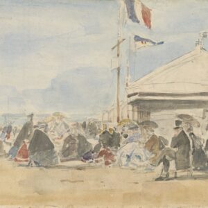 Beach House with Flags at Trouville - by Eugène Boudin