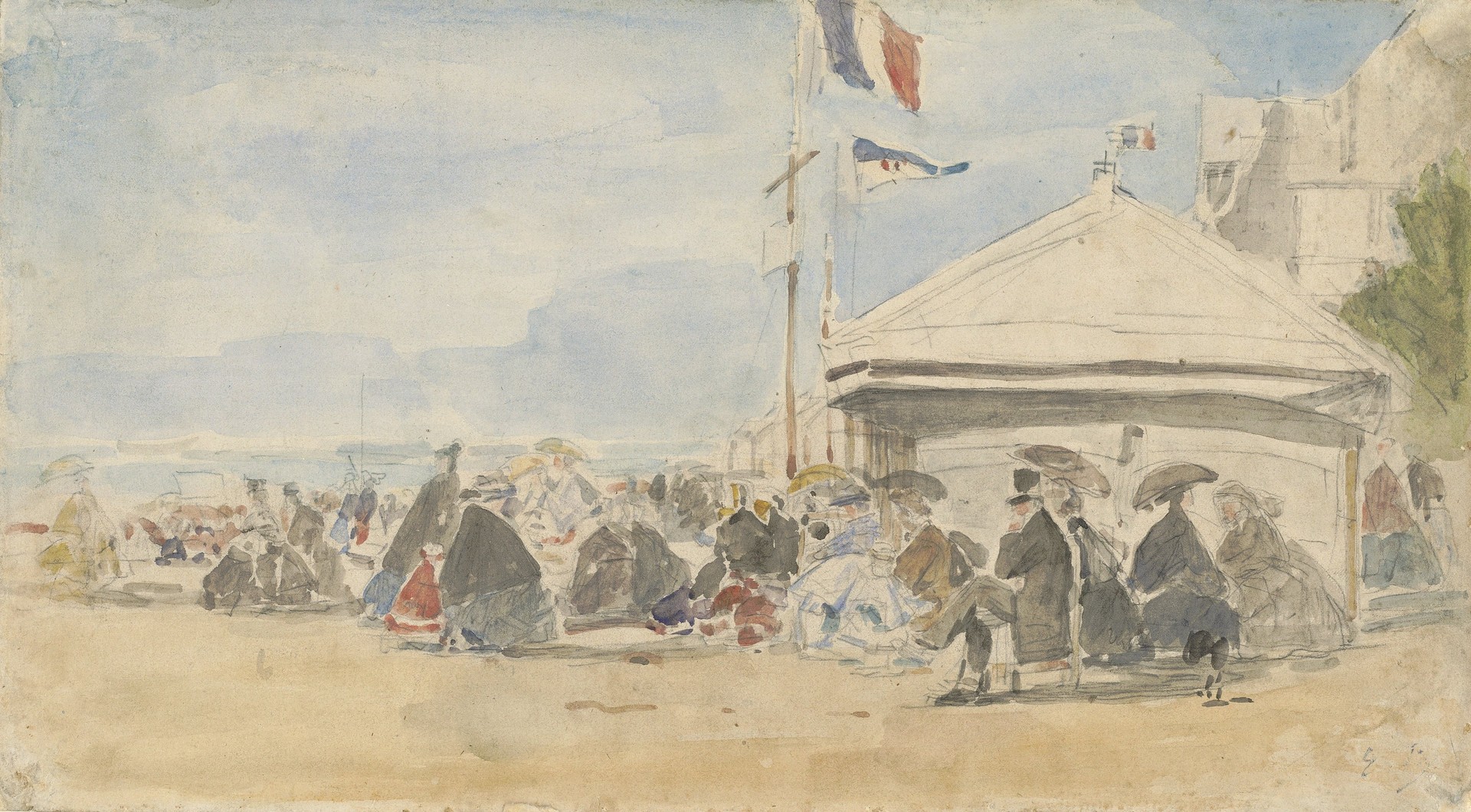 Beach House with Flags at Trouville - by Eugène Boudin