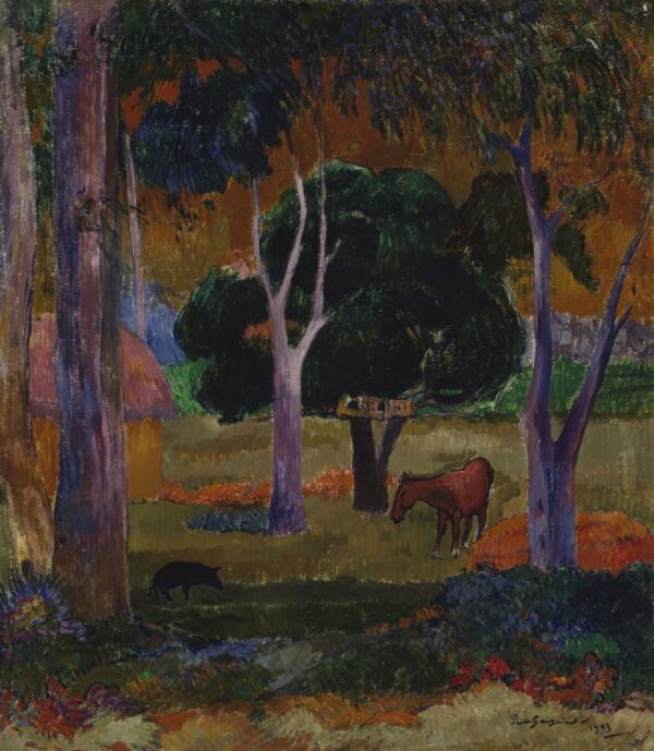 Landscape with a Pig and a Horse (Hiva Oa) - by Paul Gauguin