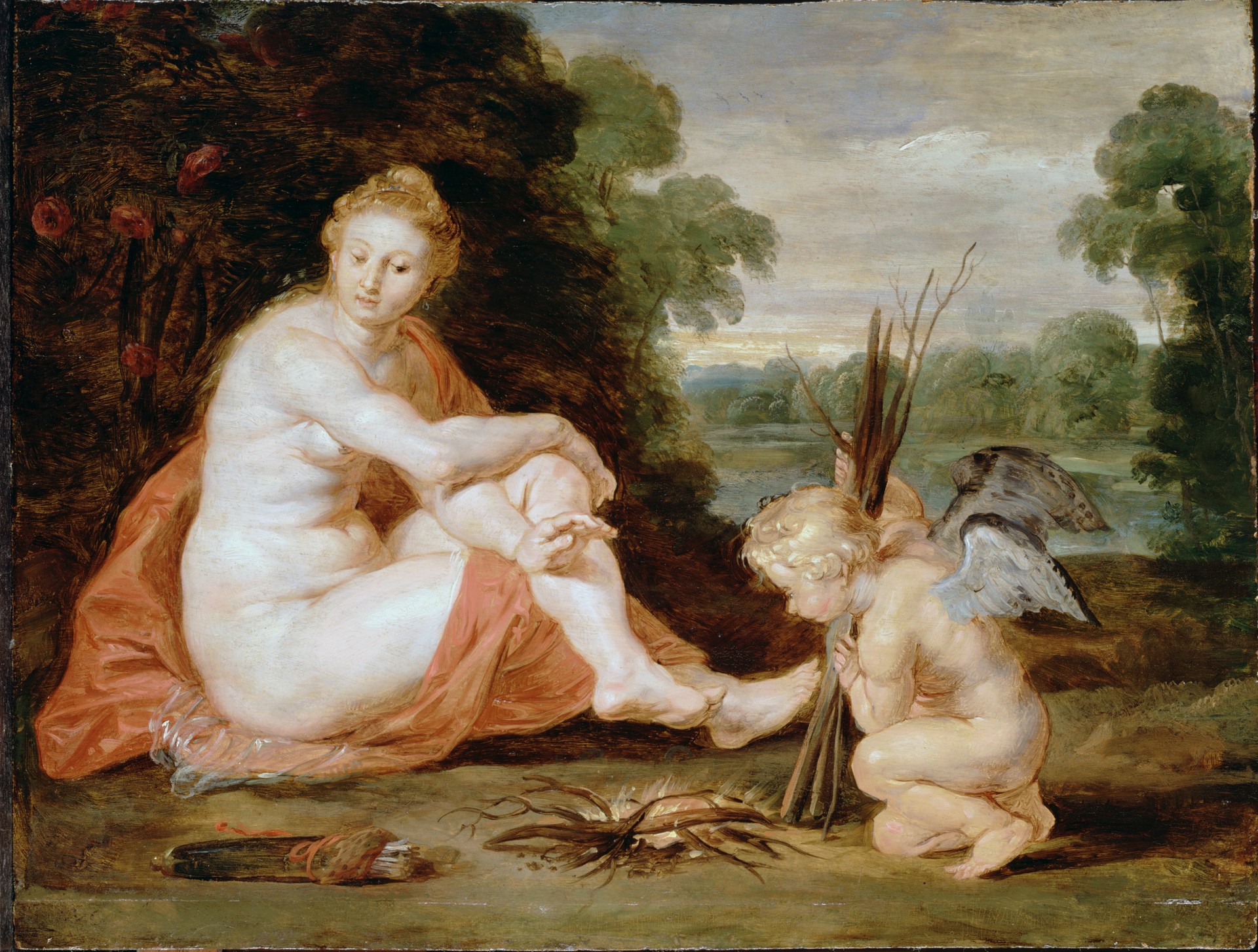 Venus and Cupid warming themselves (Venus frigida) - by Peter Paul Rubens