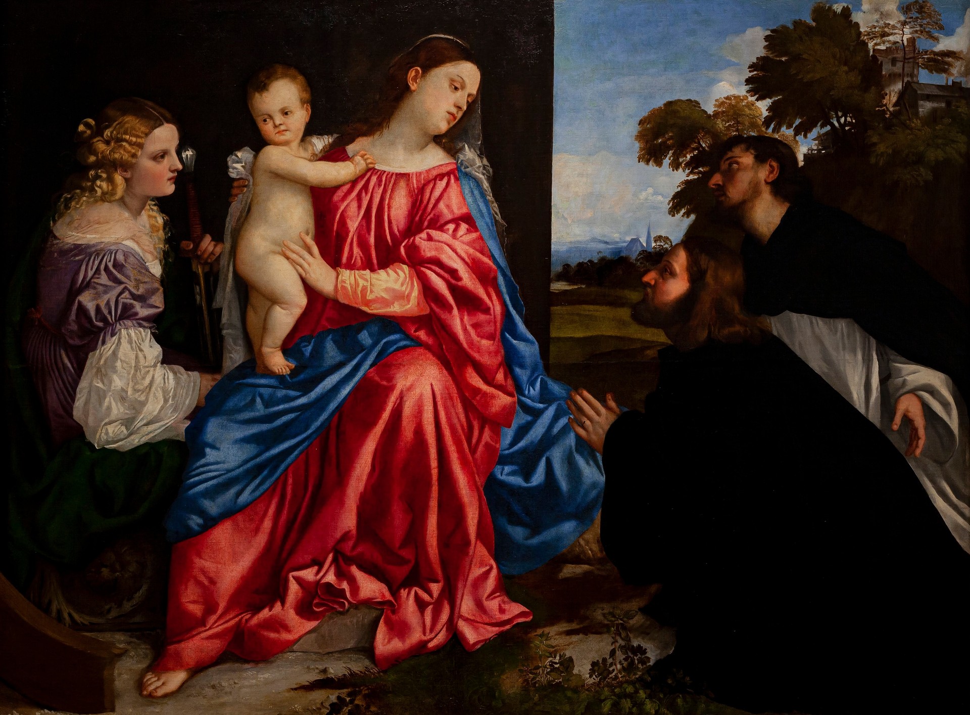 Sacra Conversazione. Madonna col Bambino e i santi Caterina d'Alessandria e Domenico con il donatore - by Titian