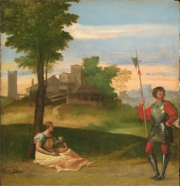 An Idyll: A Mother and a Halberdier in a Wooded Landscape - by Titian
