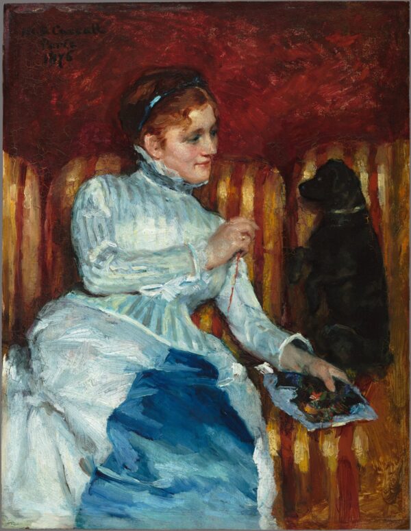 Woman on a Striped Sofa with a Dog - by Mary Cassatt