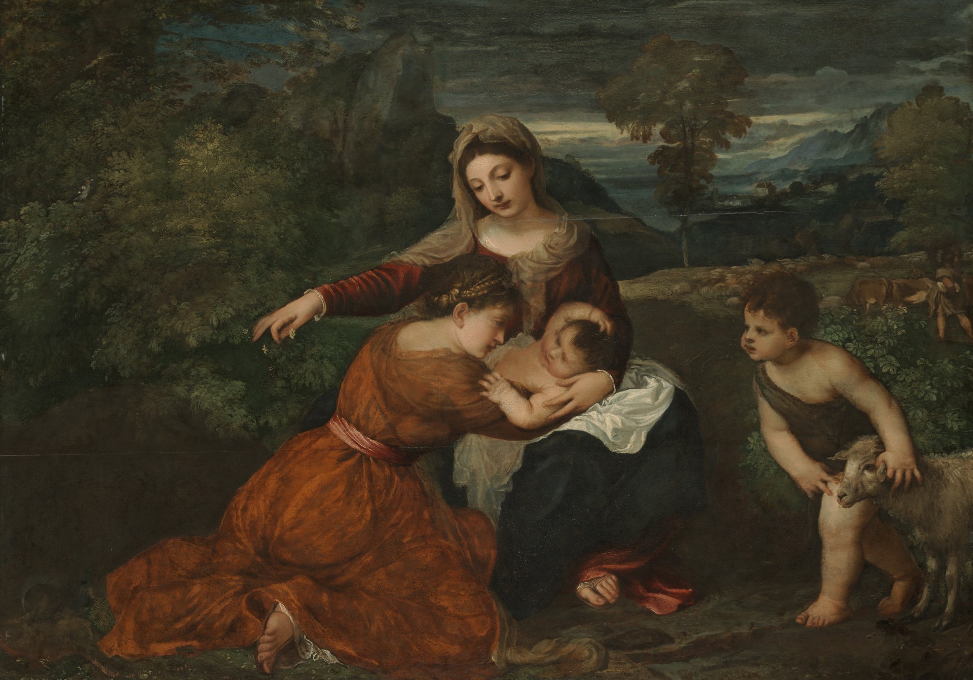 The Madonna and Child with a Female Saint and the Infant Saint John the Baptist - by Titian