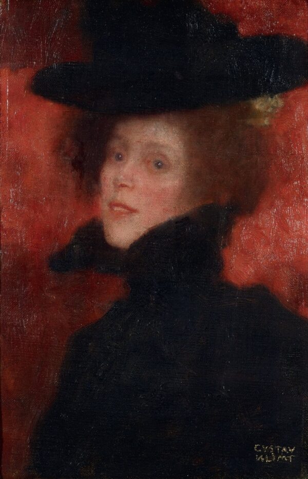 Lady with Cape and Hat in Front of Red Background - by Gustav Klimt