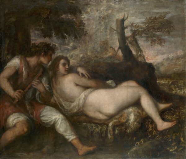 Nymph and Shepherd - by Titian