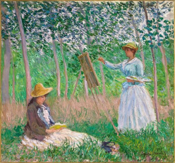 In the Woods at Giverny: Blanche Hoschedé at Her Easel with Suzanne Hoschedé Reading - by Claude Monet