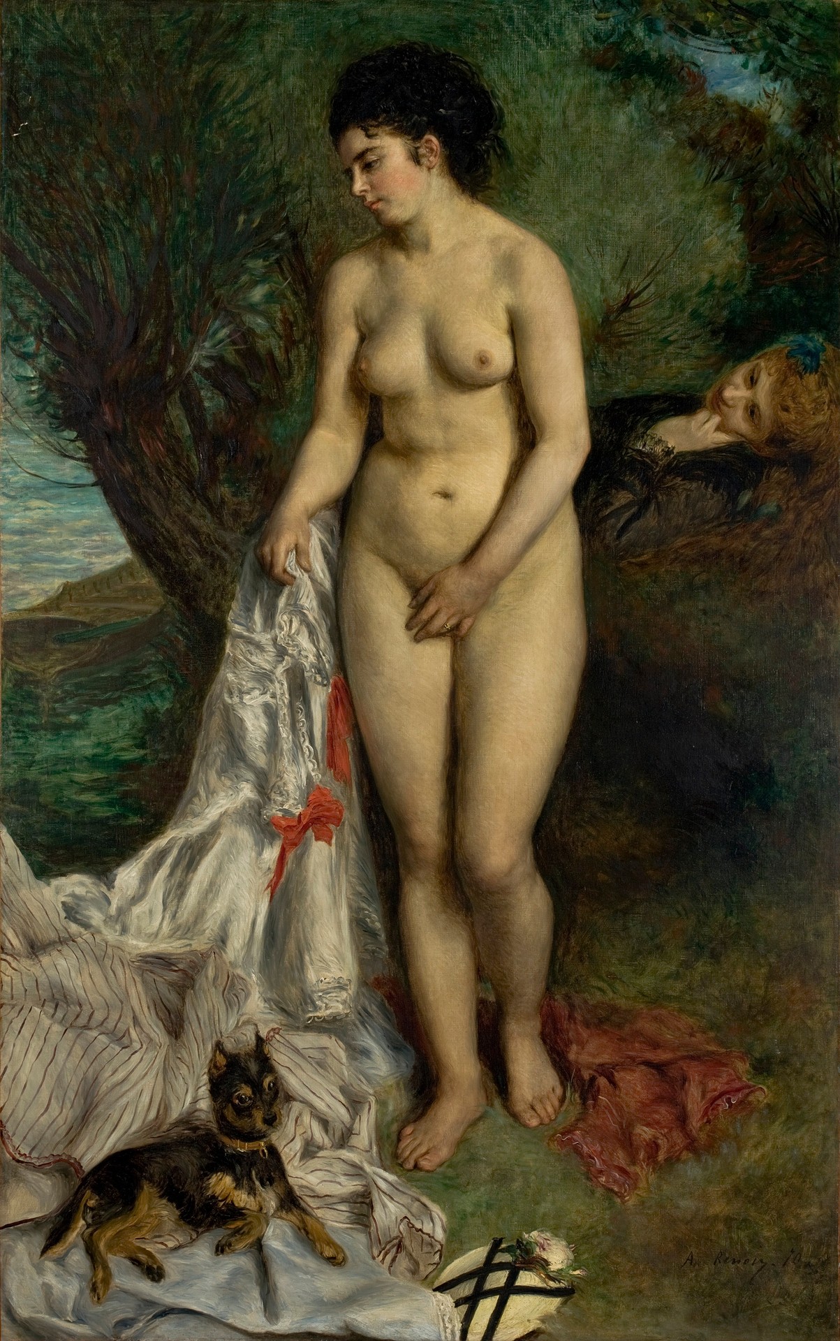 Bather with a Griffon Dog - Lise on the Bank of the Seine - by Pierre-Auguste Renoir