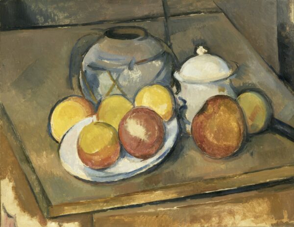 Straw-Trimmed Vase, Sugar Bowl and Apples - by Paul Cézanne