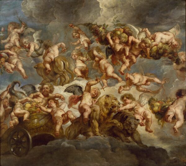 Ángeles con carruaje llevado por león y oso - by Peter Paul Rubens