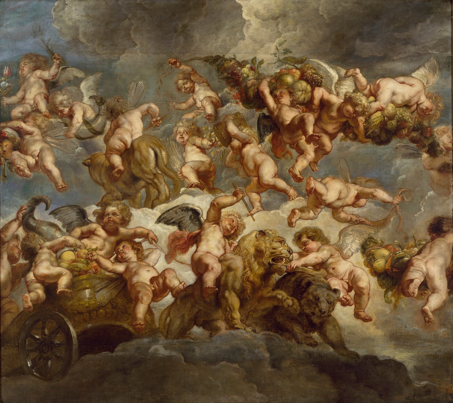Ángeles con carruaje llevado por león y oso - by Peter Paul Rubens