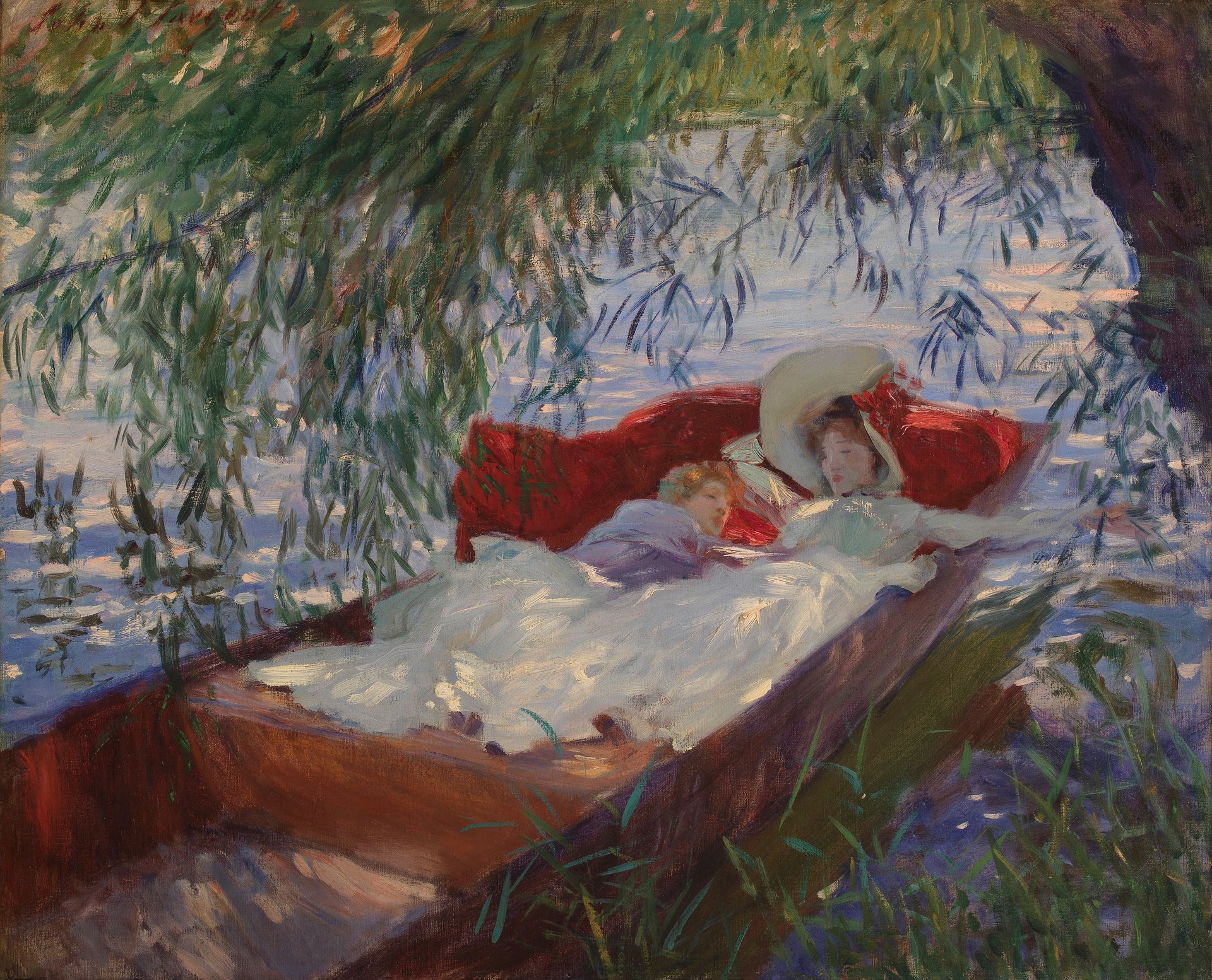 Lady and Child Asleep in a Punt under the Willows - by John Singer Sargent