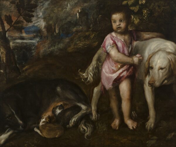 Boy with Dogs in a Landscape - by Titian