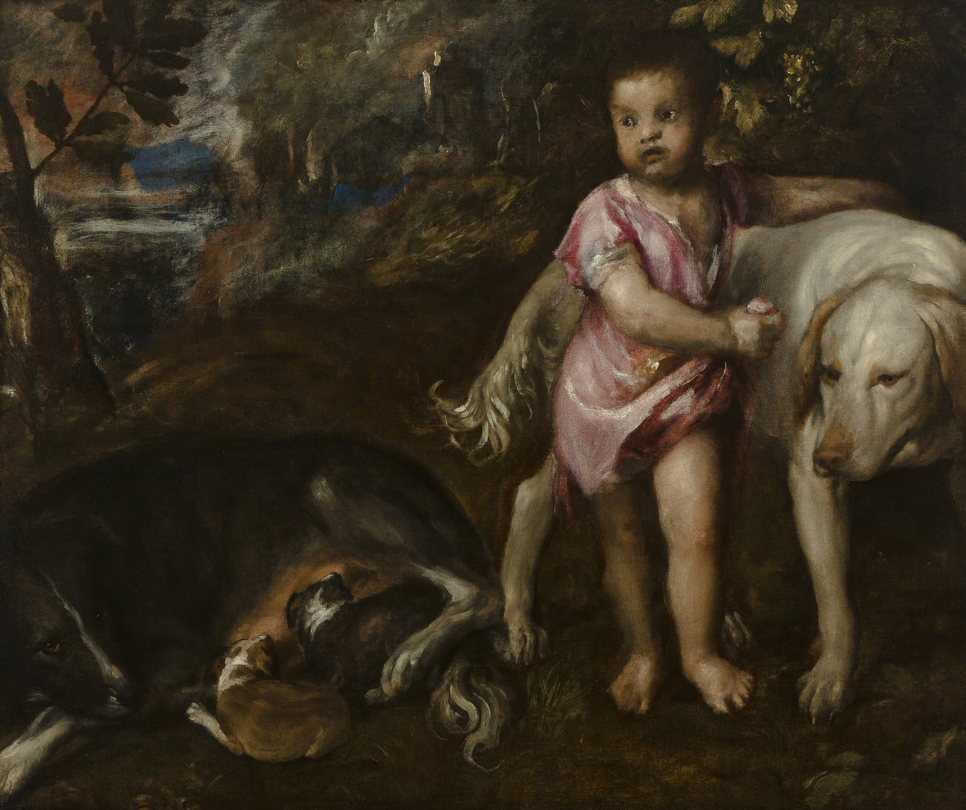 Boy with Dogs in a Landscape - by Titian