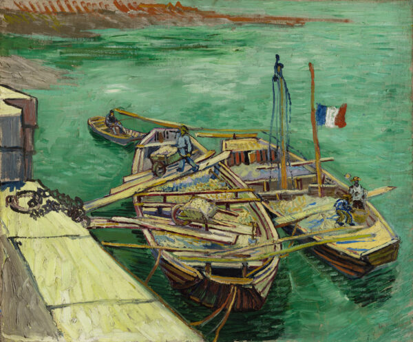 Les bateaux amarrés (Quay with Men Unloading Sand Barges) - by Vincent van Gogh