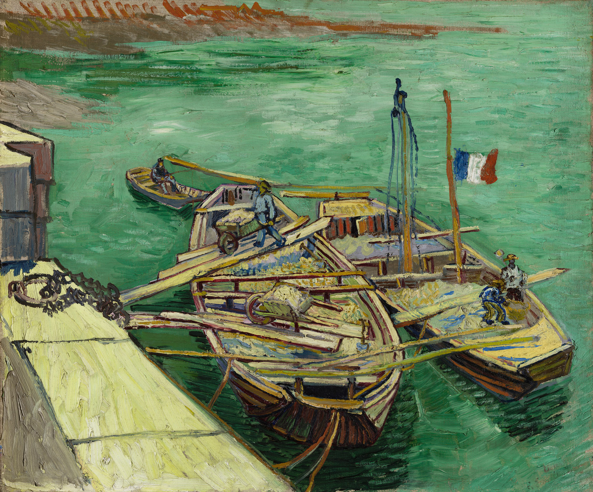 Les bateaux amarrés (Quay with Men Unloading Sand Barges) - by Vincent van Gogh