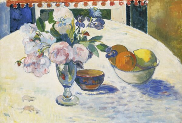 Flowers and a Bowl of Fruit on a Table - by Paul Gauguin