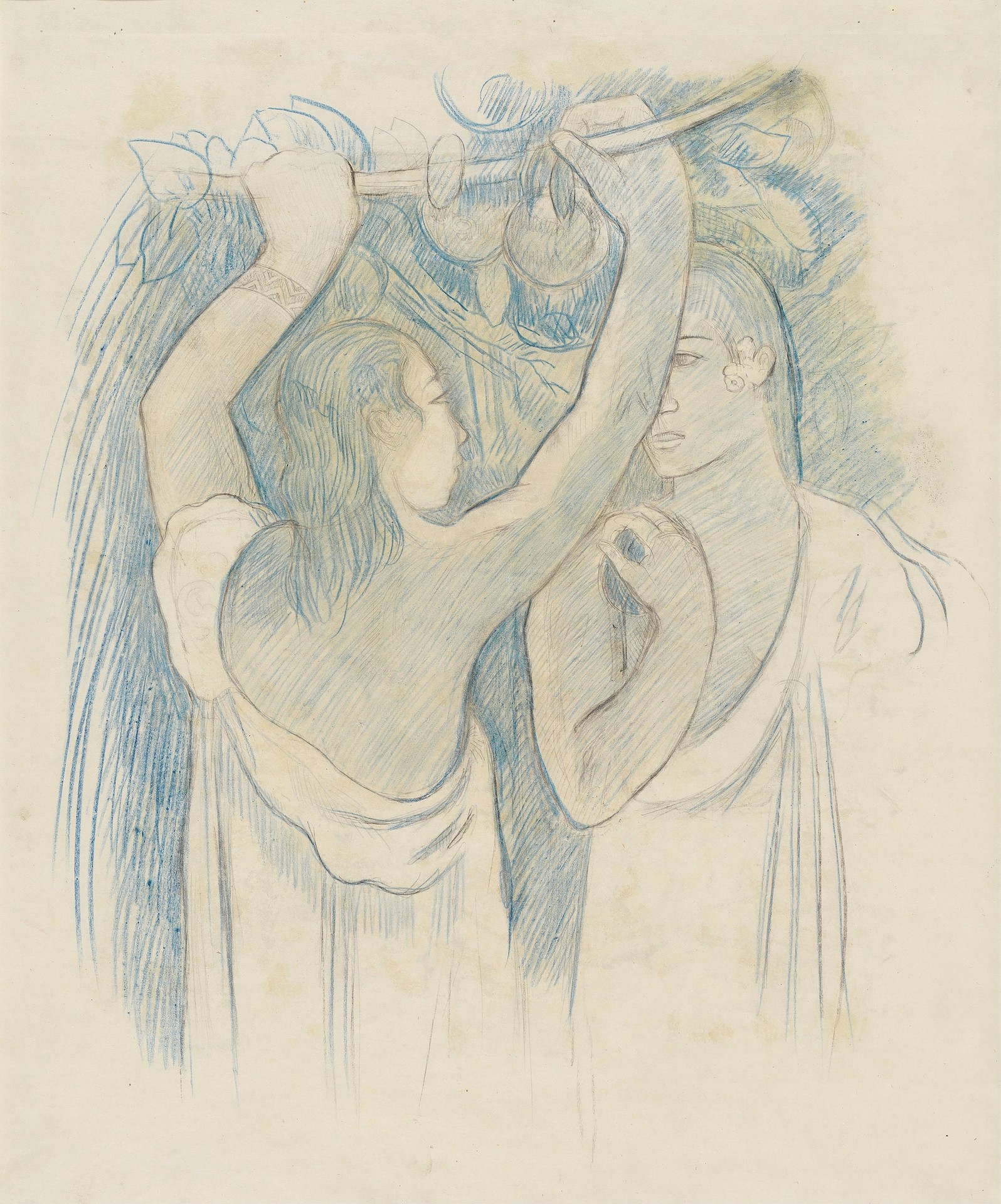 Two Tahitians Gathering Fruit (verso) - by Paul Gauguin