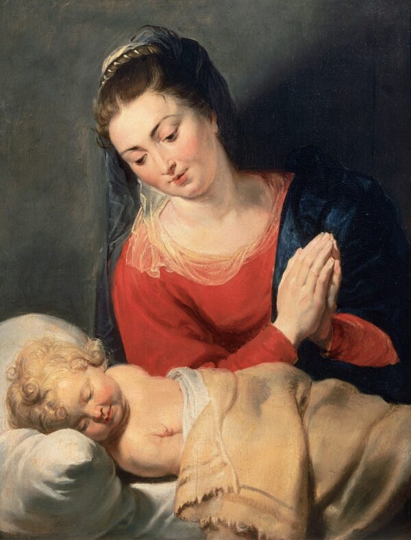 Mary in Adoration Before the Sleeping Child Jesus - by Peter Paul Rubens