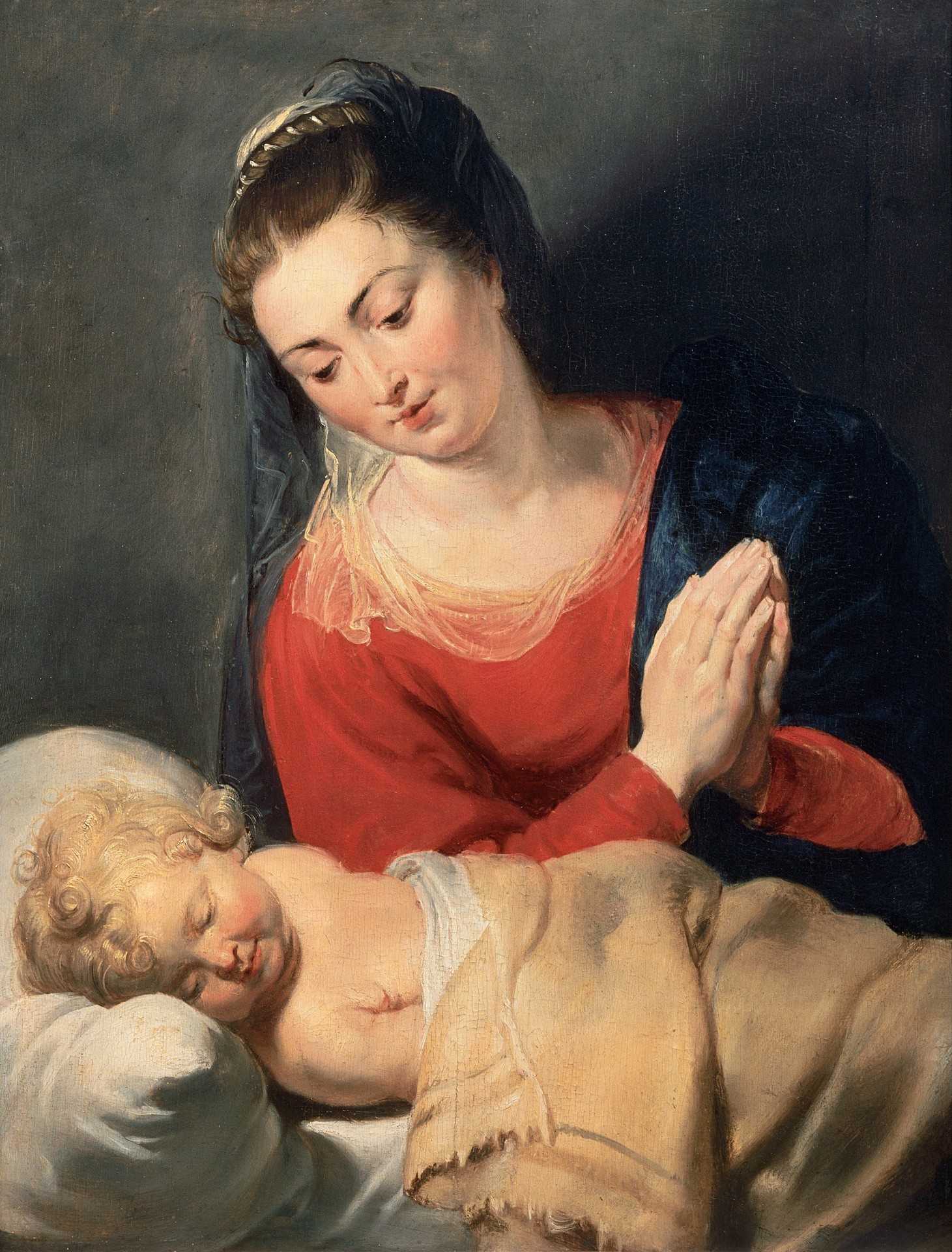 Mary in Adoration Before the Sleeping Child Jesus - by Peter Paul Rubens