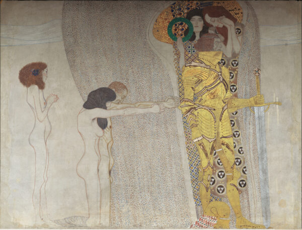 Beethoven Frieze: "The Sufferings of Weak Humanity" and "The Well-Armed Strongman" (Panel 3, left side wall) - by Gustav Klimt