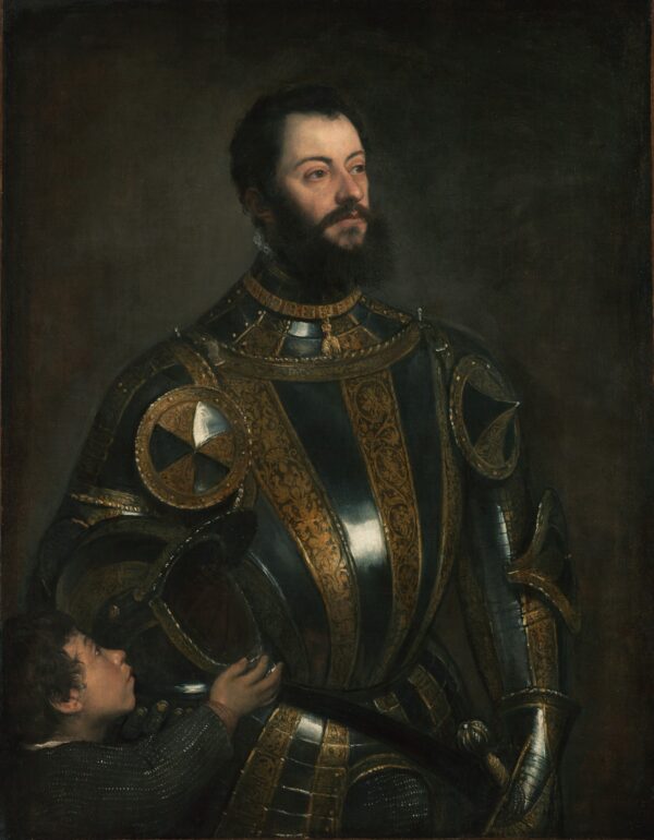 Portrait of Alfonso d'Avalos, Marchese del Vasto, in Armor with a Page - by Titian